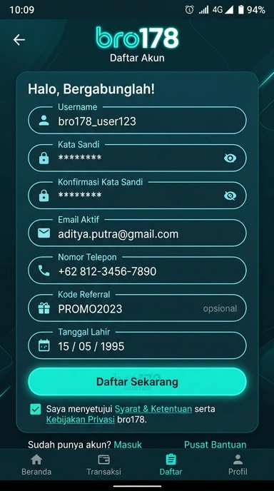 Tampilan halaman daftar bro178